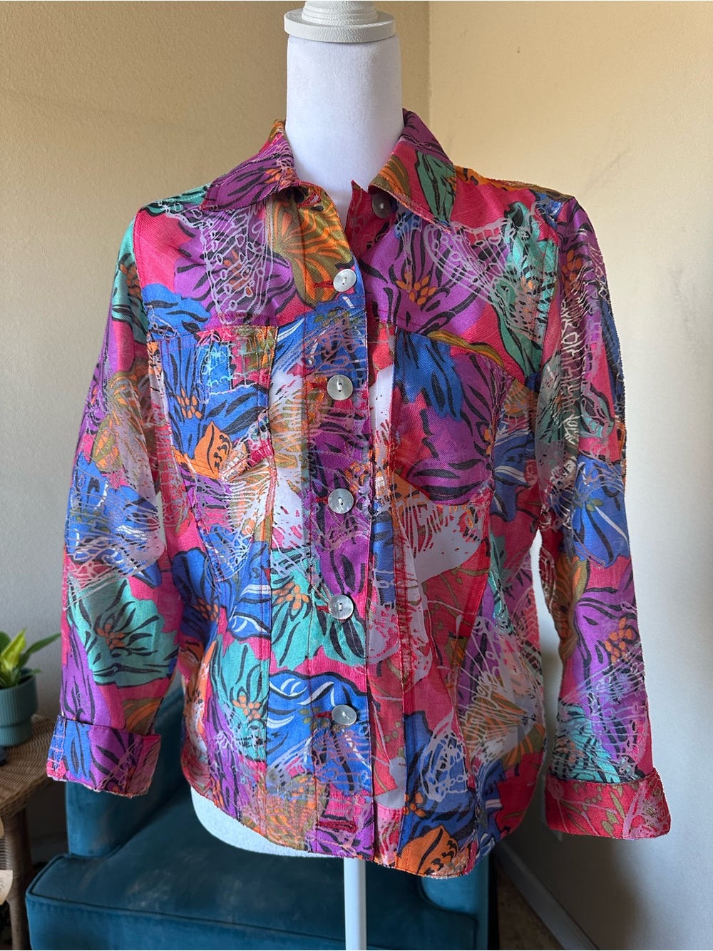 Drapers & Damons Petites Small PS Sheer Floral Butterfly Jacket Top Structured